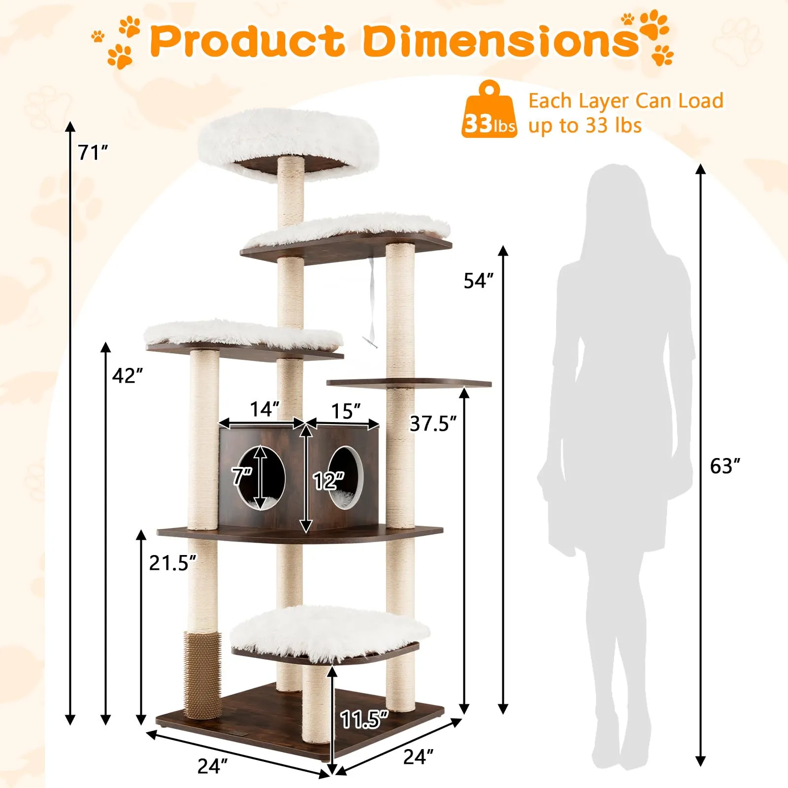 Tangkula Modern Wood Cat Tree, 69-Inch Cat Tower with Multi-Layer Platform